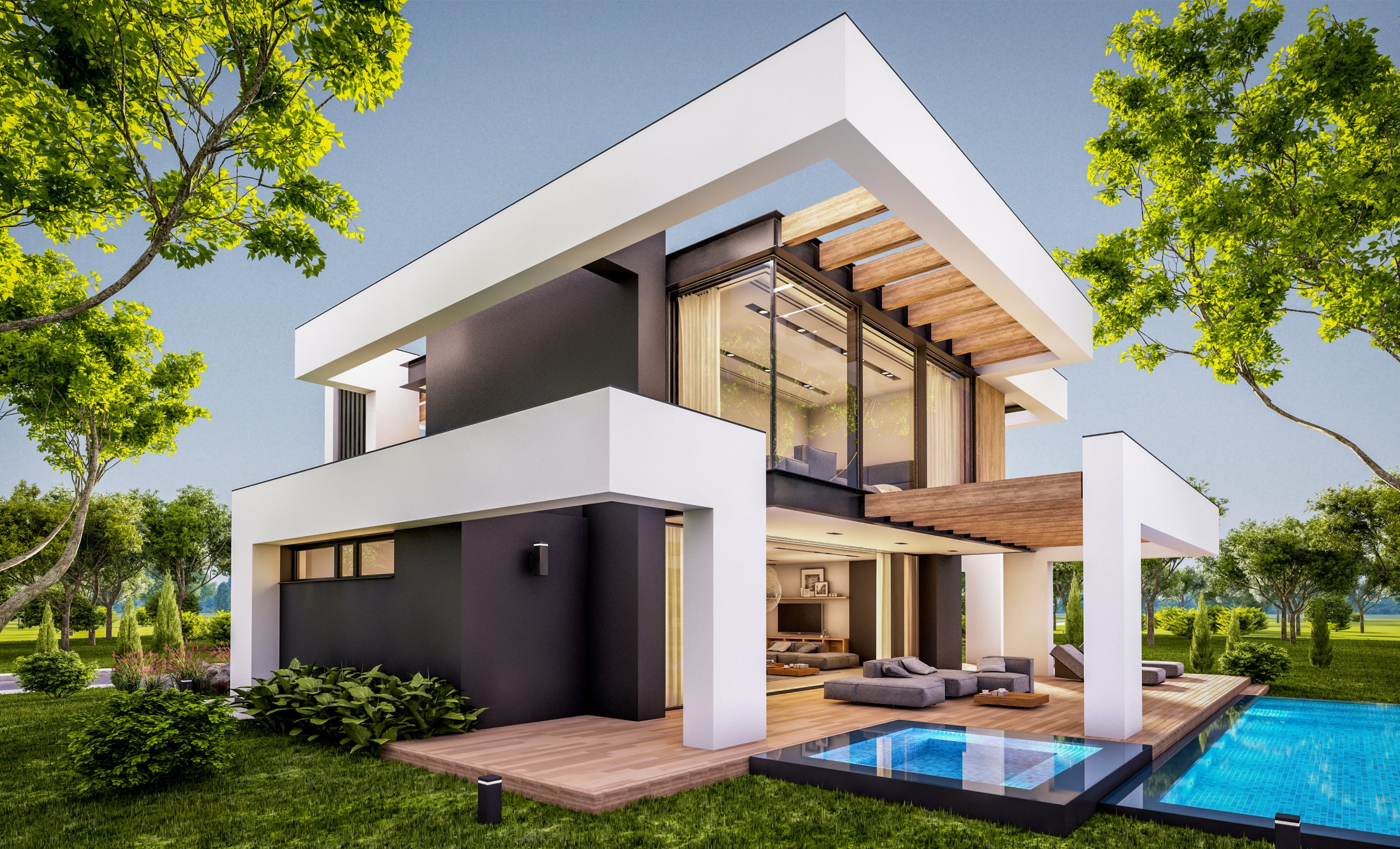 3d,Rendering,Of,Modern,Cozy,House,With,Pool,And,Parking